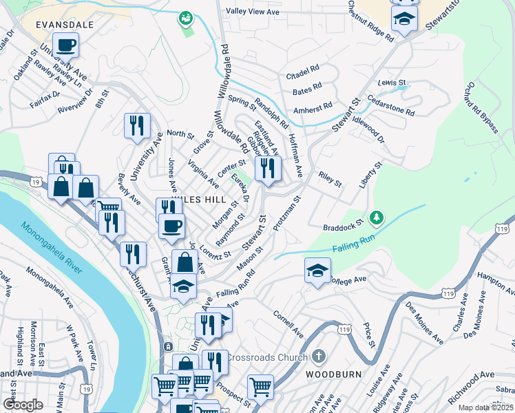 map of restaurants, bars, coffee shops, grocery stores, and more near 580 Stewart Street in Morgantown