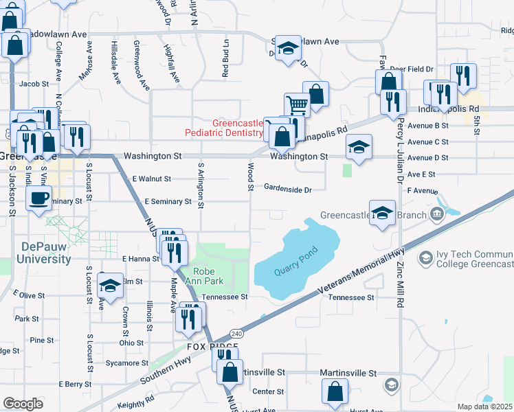 map of restaurants, bars, coffee shops, grocery stores, and more near 812 Gardenside Drive in Greencastle
