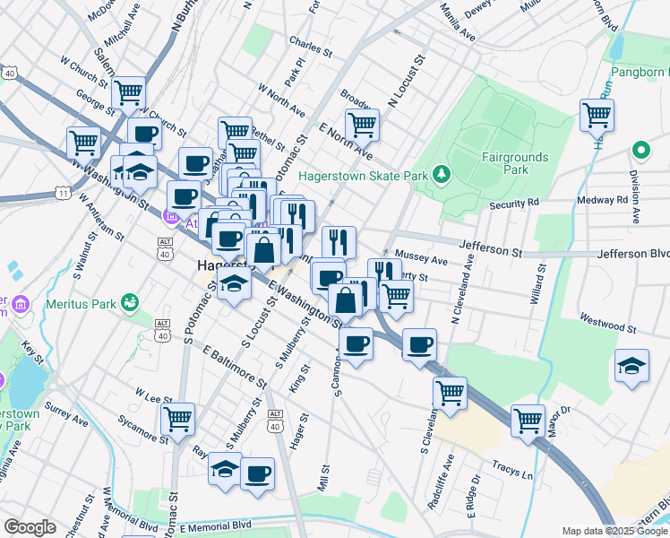 map of restaurants, bars, coffee shops, grocery stores, and more near 148 East Franklin Street in Hagerstown