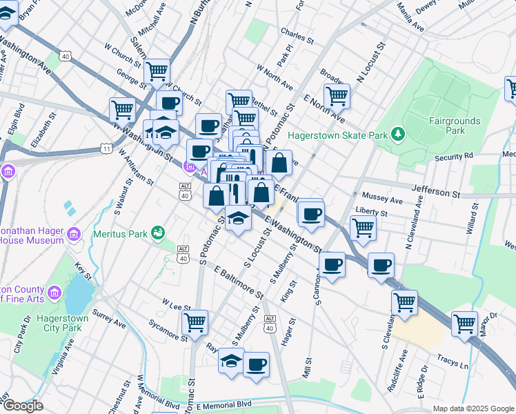 map of restaurants, bars, coffee shops, grocery stores, and more near 36 East Washington Street in Hagerstown