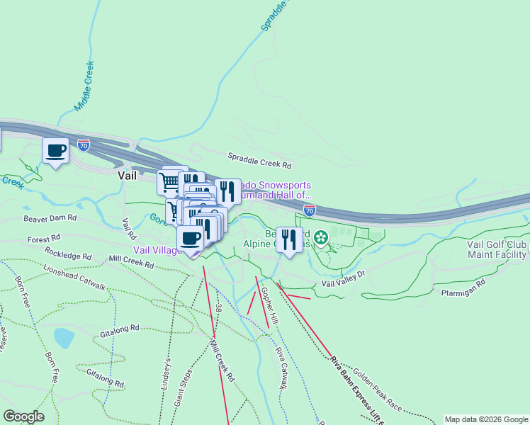 map of restaurants, bars, coffee shops, grocery stores, and more near 400 South Frontage Road East in Vail