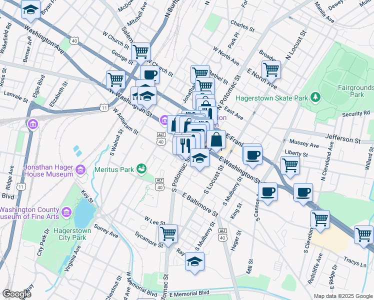 map of restaurants, bars, coffee shops, grocery stores, and more near 21 South Potomac Street in Hagerstown