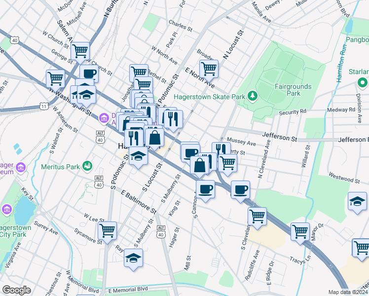 map of restaurants, bars, coffee shops, grocery stores, and more near 127 East Franklin Street in Hagerstown