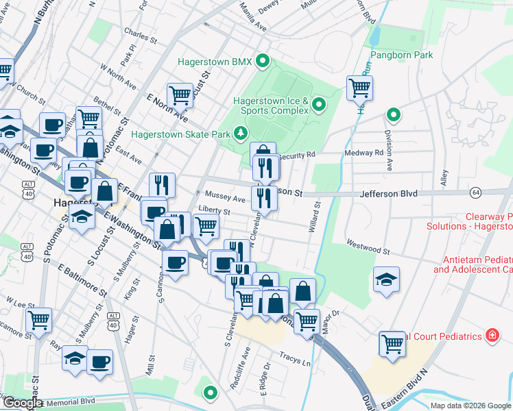 map of restaurants, bars, coffee shops, grocery stores, and more near 219 North Cleveland Avenue in Hagerstown