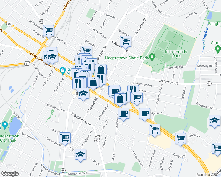 map of restaurants, bars, coffee shops, grocery stores, and more near 125 East Franklin Street in Hagerstown