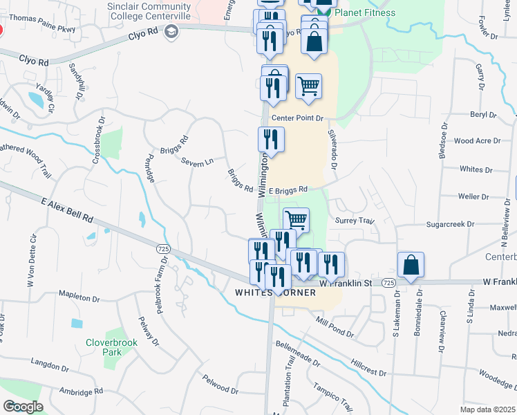 map of restaurants, bars, coffee shops, grocery stores, and more near Wilmington Pike in Dayton