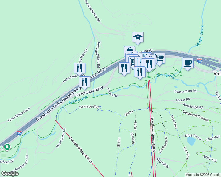 map of restaurants, bars, coffee shops, grocery stores, and more near 825 West Forest Road in Vail