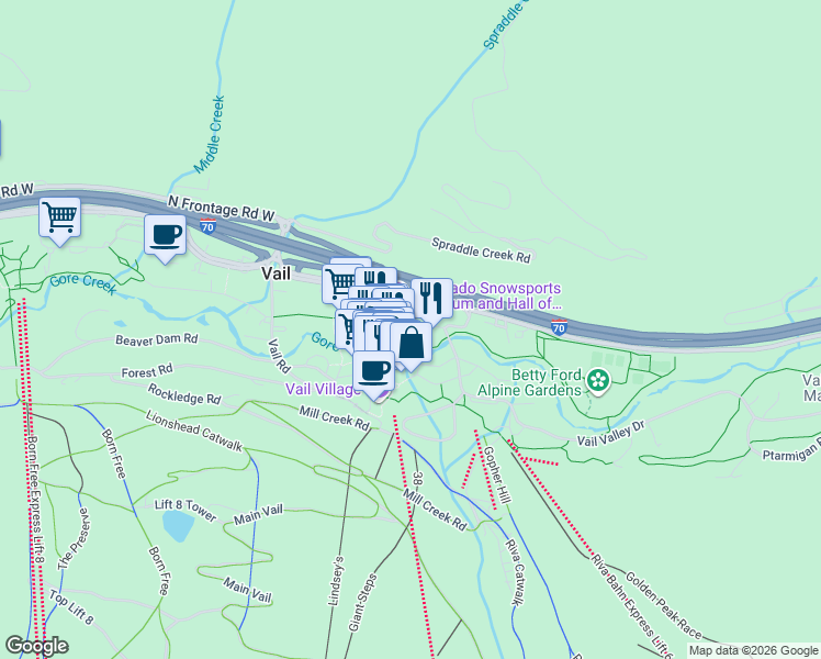 map of restaurants, bars, coffee shops, grocery stores, and more near 241 Meadow Ridge Road in Vail
