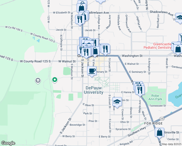 map of restaurants, bars, coffee shops, grocery stores, and more near 299 South Vine Street in Greencastle