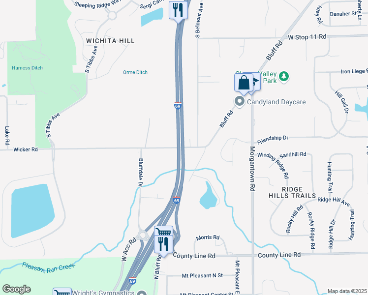 map of restaurants, bars, coffee shops, grocery stores, and more near Hwy 37 & Wicker Rd in Indianapolis