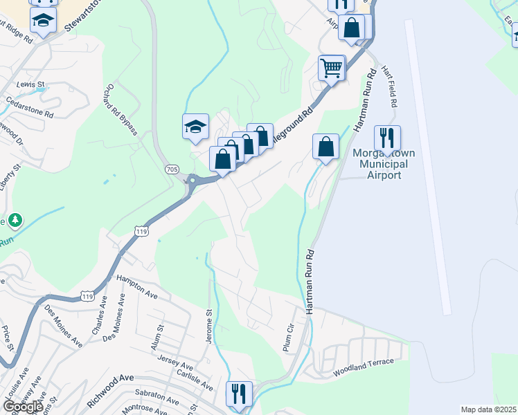 map of restaurants, bars, coffee shops, grocery stores, and more near 1108 Patton Dr in Morgantown