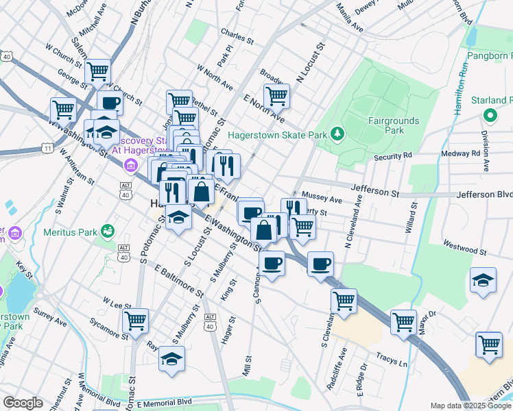 map of restaurants, bars, coffee shops, grocery stores, and more near 105 North Mulberry Street in Hagerstown