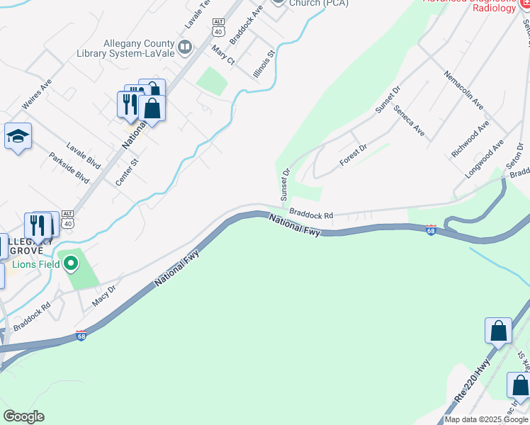 map of restaurants, bars, coffee shops, grocery stores, and more near U.S. 40 in La Vale