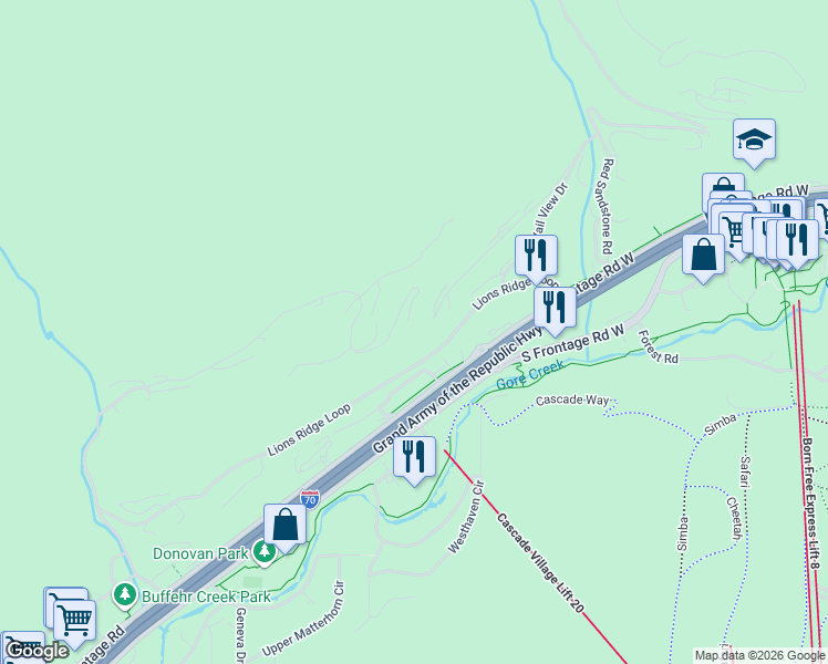 map of restaurants, bars, coffee shops, grocery stores, and more near 1374 Sandstone Drive in Vail