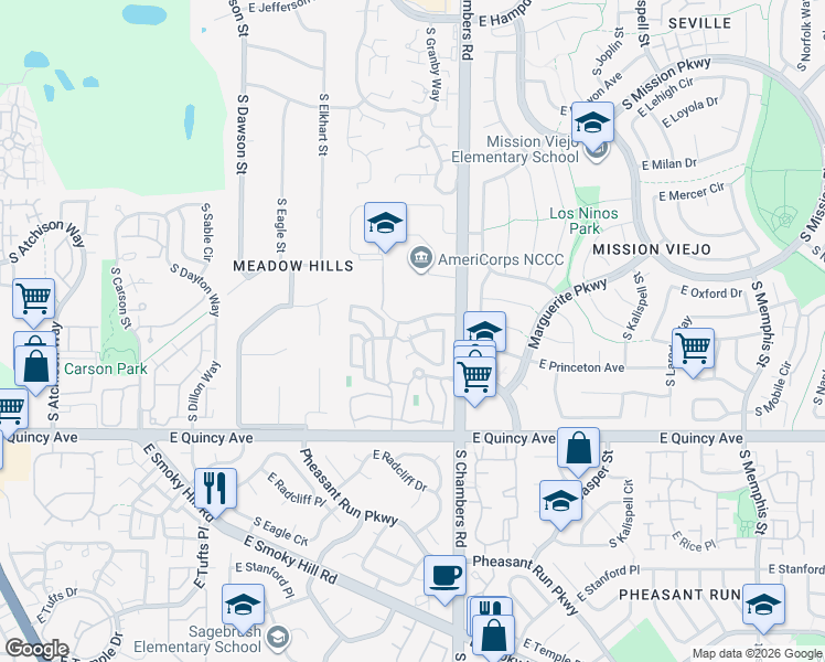 map of restaurants, bars, coffee shops, grocery stores, and more near 4117 South Granby Circle in Aurora