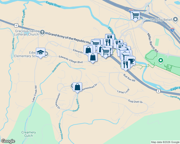 map of restaurants, bars, coffee shops, grocery stores, and more near in Edwards