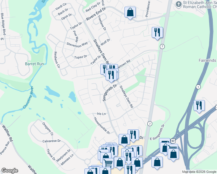 map of restaurants, bars, coffee shops, grocery stores, and more near 13 Farland Way in Newark