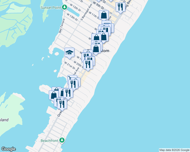 map of restaurants, bars, coffee shops, grocery stores, and more near 136 East 19th Street in Ship Bottom
