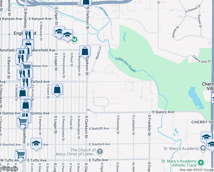 map of restaurants, bars, coffee shops, grocery stores, and more near 995 East Oxford Lane in Cherry Hills Village