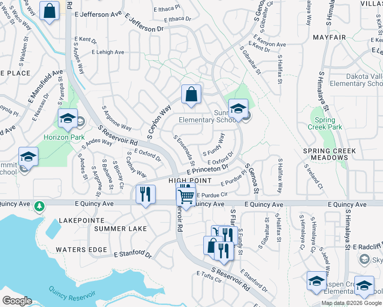 map of restaurants, bars, coffee shops, grocery stores, and more near 4092 South Flanders Way in Aurora