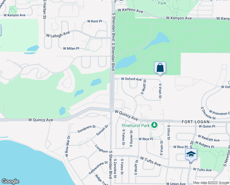 map of restaurants, bars, coffee shops, grocery stores, and more near 4136 South Sheridan Boulevard in Denver