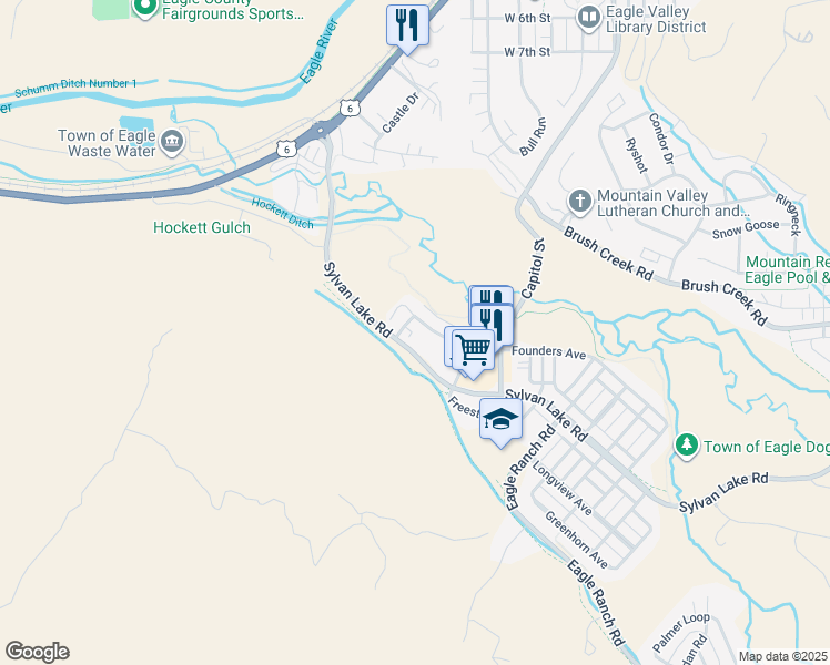 map of restaurants, bars, coffee shops, grocery stores, and more near 1-61 Pearch Street in Eagle