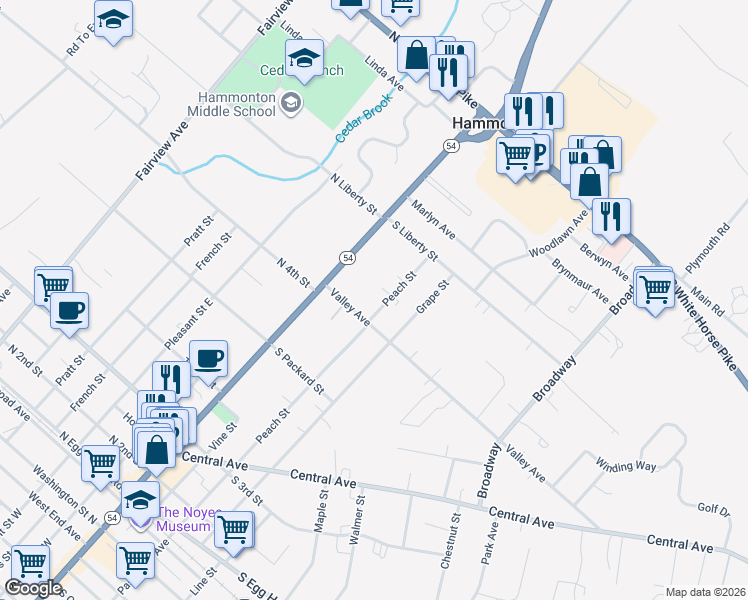 map of restaurants, bars, coffee shops, grocery stores, and more near 27 Valley Avenue in Hammonton