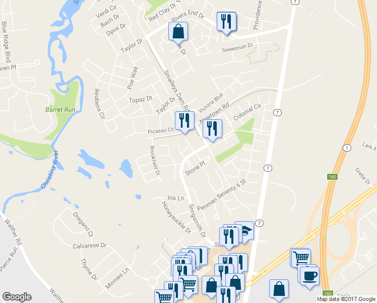 map of restaurants, bars, coffee shops, grocery stores, and more near 13 Farland Way in Newark
