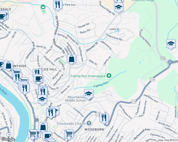 map of restaurants, bars, coffee shops, grocery stores, and more near 10 Keyser Avenue in Morgantown