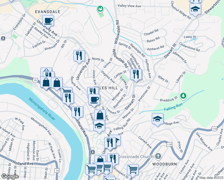map of restaurants, bars, coffee shops, grocery stores, and more near 457 Overhill Street in Morgantown
