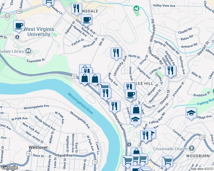 map of restaurants, bars, coffee shops, grocery stores, and more near 501 Beverly Avenue in Morgantown