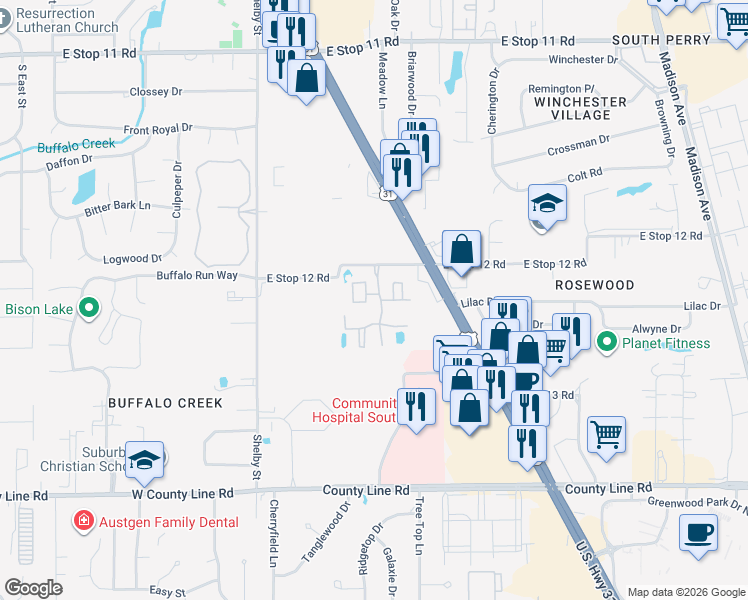 map of restaurants, bars, coffee shops, grocery stores, and more near 8515 Red Oak Court in Indianapolis