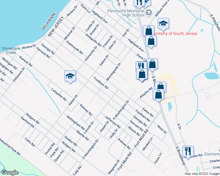 map of restaurants, bars, coffee shops, grocery stores, and more near 66 Fordham Road in Pennsville Township