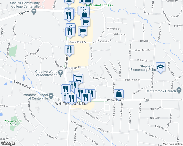 map of restaurants, bars, coffee shops, grocery stores, and more near 1840 Surrey Trail in Greene County