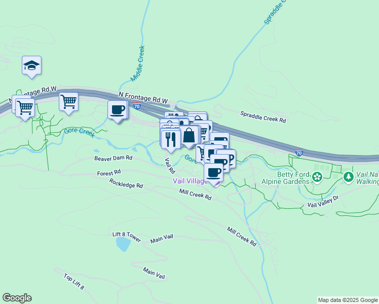 map of restaurants, bars, coffee shops, grocery stores, and more near 62 East Meadow Drive in Vail