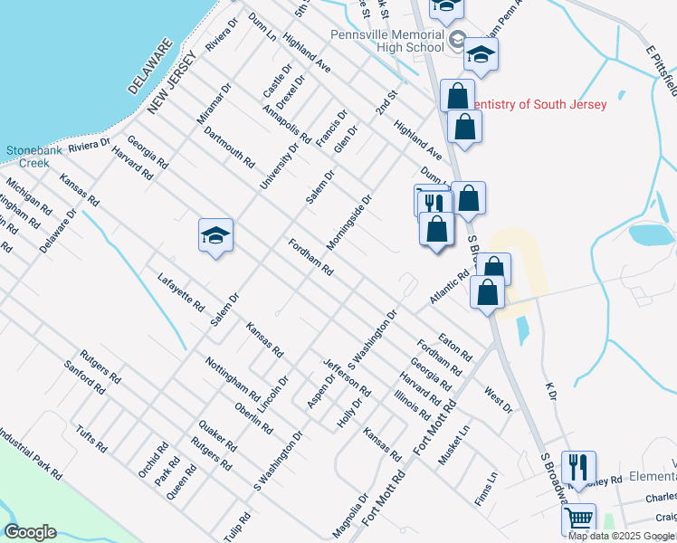 map of restaurants, bars, coffee shops, grocery stores, and more near 66 Fordham Road in Pennsville Township