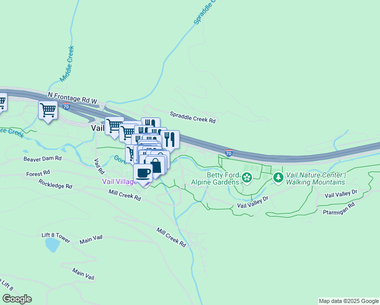 map of restaurants, bars, coffee shops, grocery stores, and more near 241 East Meadow Drive in Vail