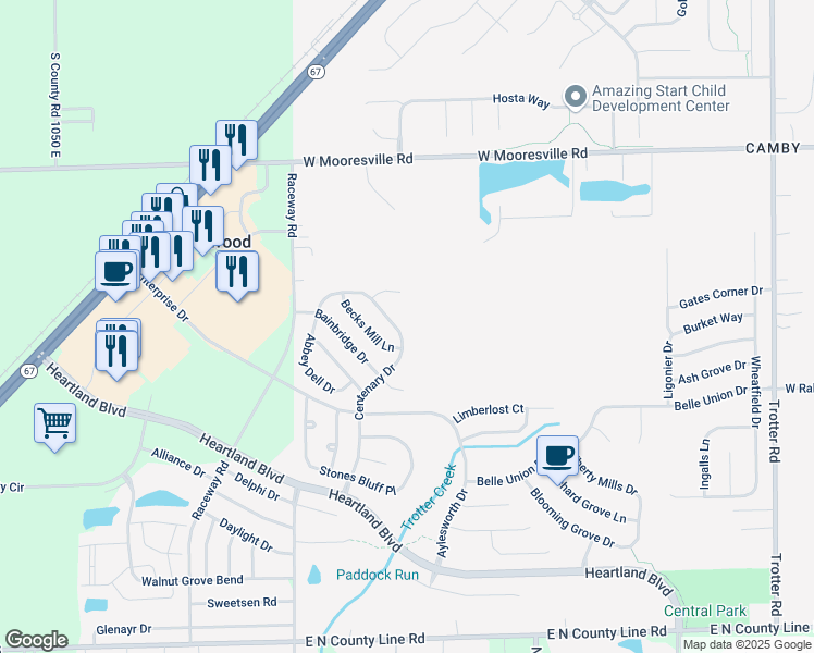 map of restaurants, bars, coffee shops, grocery stores, and more near 8345 Centenary Drive in Indianapolis