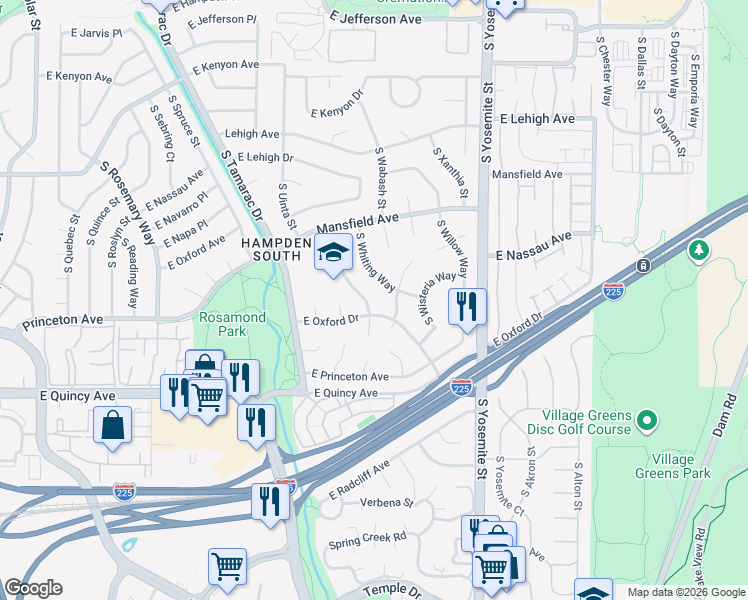 map of restaurants, bars, coffee shops, grocery stores, and more near 4051 South Wabash Street in Denver