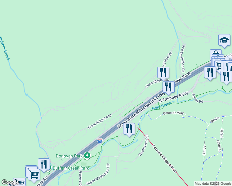 map of restaurants, bars, coffee shops, grocery stores, and more near 1425 Buffehr Creek Rd in Vail