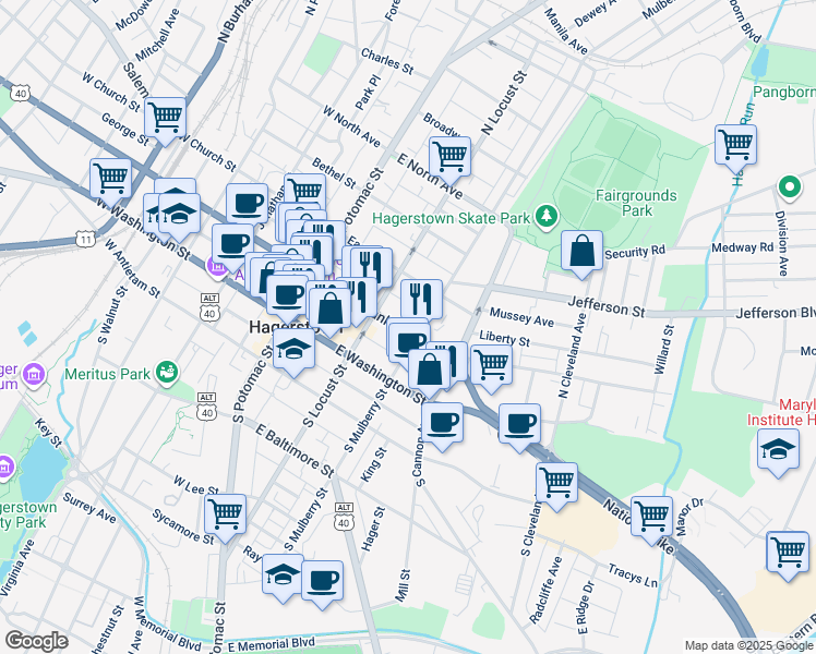 map of restaurants, bars, coffee shops, grocery stores, and more near 136 East Franklin Street in Hagerstown