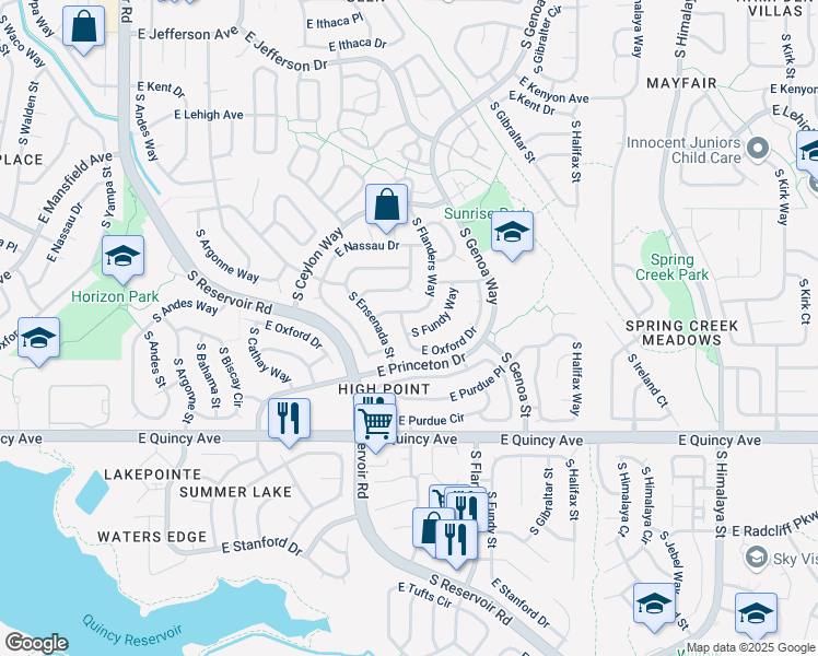 map of restaurants, bars, coffee shops, grocery stores, and more near 4092 South Flanders Way in Aurora