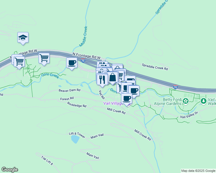 map of restaurants, bars, coffee shops, grocery stores, and more near 62 East Meadow Drive in Vail