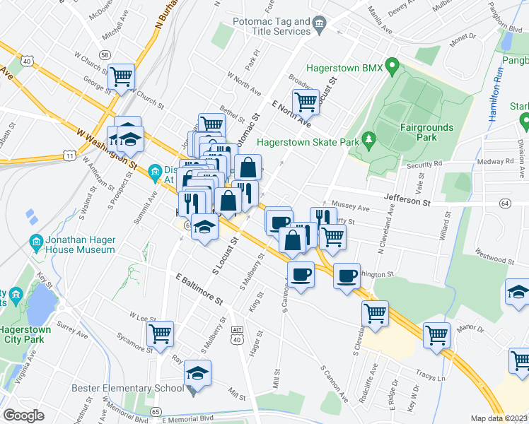 map of restaurants, bars, coffee shops, grocery stores, and more near 115 East Franklin Street in Hagerstown