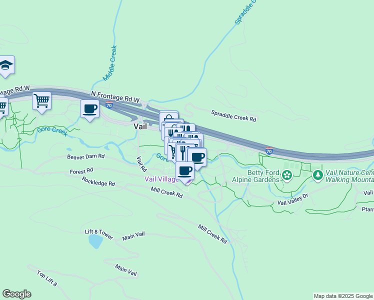 map of restaurants, bars, coffee shops, grocery stores, and more near 242 East Meadow Drive in Vail