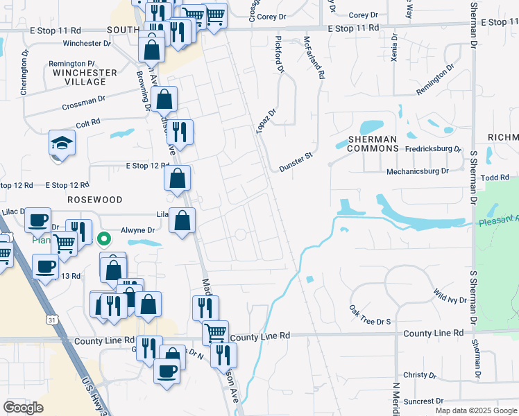map of restaurants, bars, coffee shops, grocery stores, and more near 8809 Madison Avenue in Indianapolis
