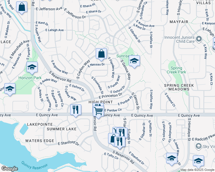 map of restaurants, bars, coffee shops, grocery stores, and more near 4092 South Flanders Way in Aurora
