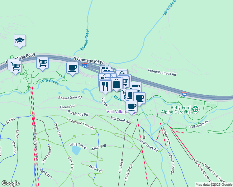 map of restaurants, bars, coffee shops, grocery stores, and more near 1 Willow Bridge Road in Vail