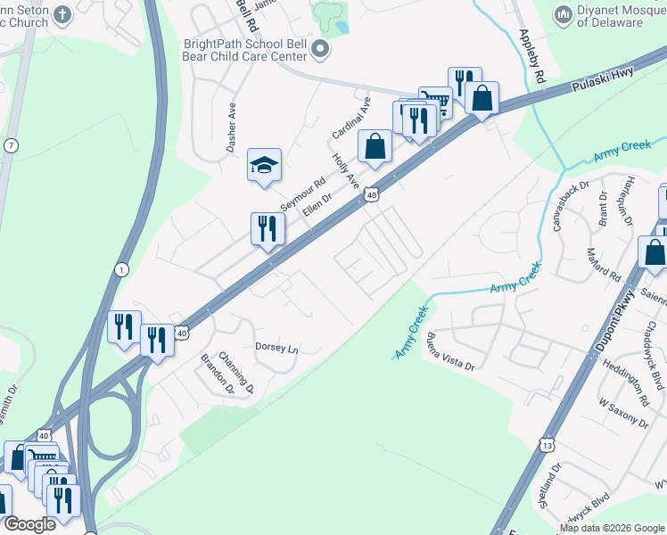 map of restaurants, bars, coffee shops, grocery stores, and more near 760 Pulaski Highway in Bear