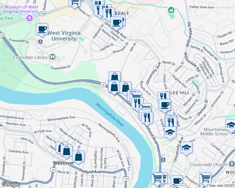 map of restaurants, bars, coffee shops, grocery stores, and more near 100A 7th Street in Morgantown
